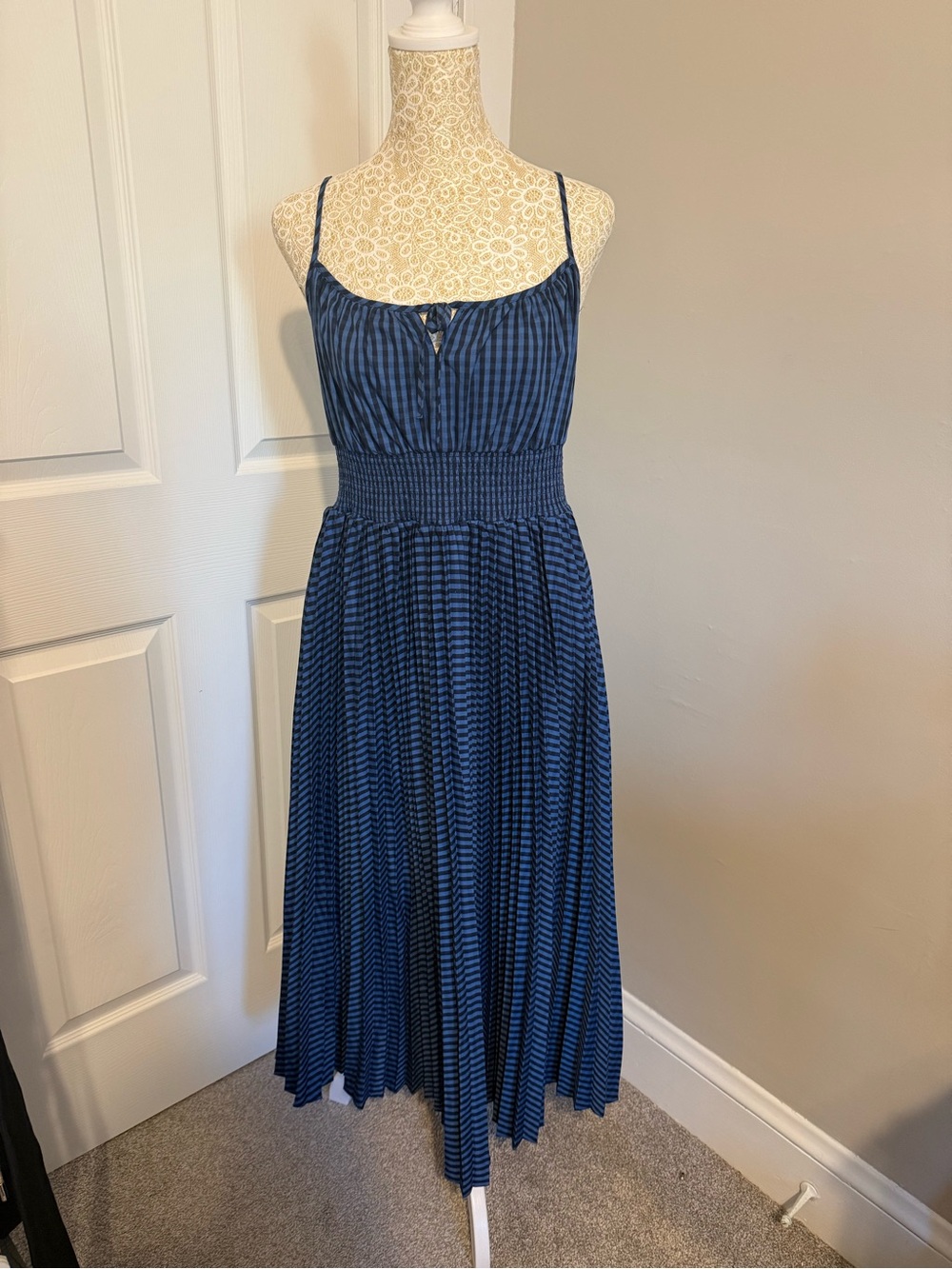 J. Crew Blue and Black Gingham Smocked Midi Dress